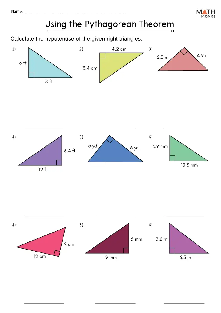 Pythagorean Theorem practice worksheet featuring various triangles for geometry review