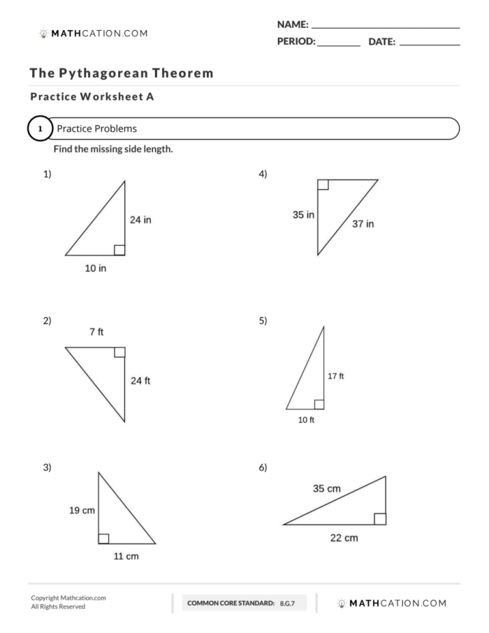 Pythagorean Theorem practice worksheet featuring various triangle types for geometry review
