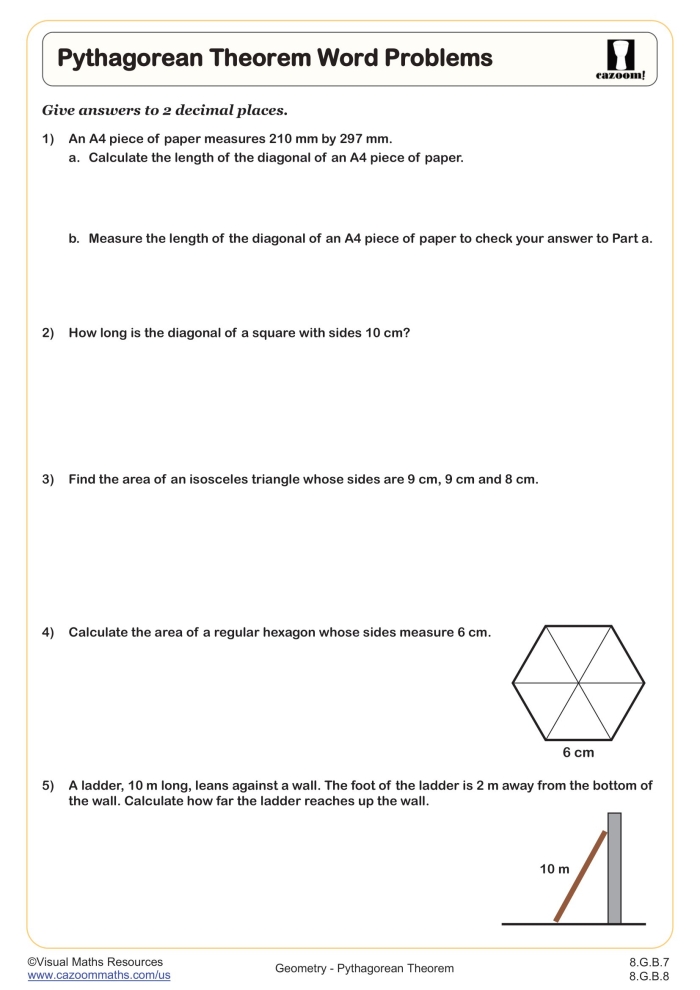 Pythagorean Theorem practice worksheet featuring various triangles for geometry review