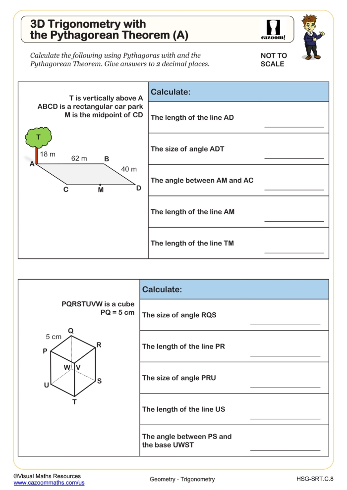 Pythagorean Theorem practice worksheet featuring various triangle types and exercises for geometry skills