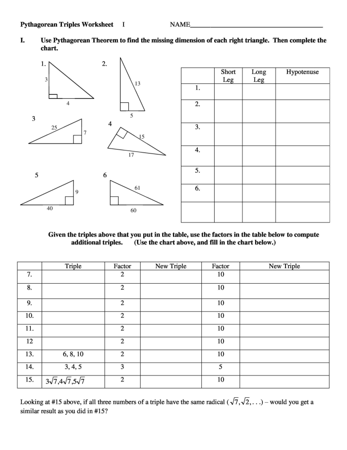 Pythagorean Theorem practice worksheet featuring various triangles and exercises