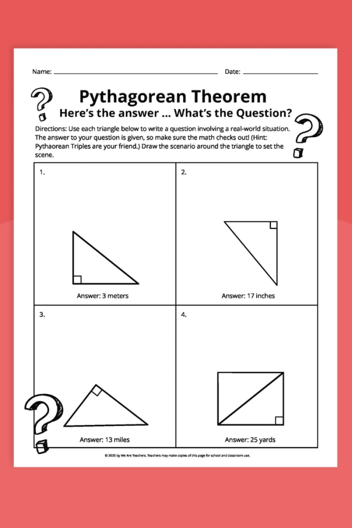 Pythagorean Theorem practice worksheet featuring various triangle examples