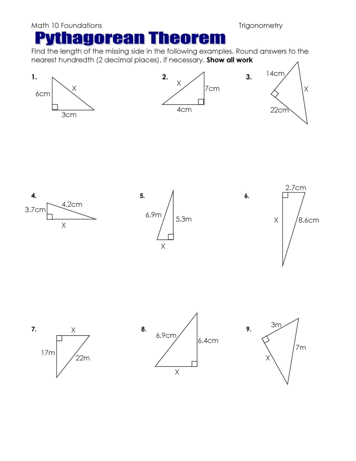 Pythagorean Theorem practice worksheet featuring various triangle types for geometry review