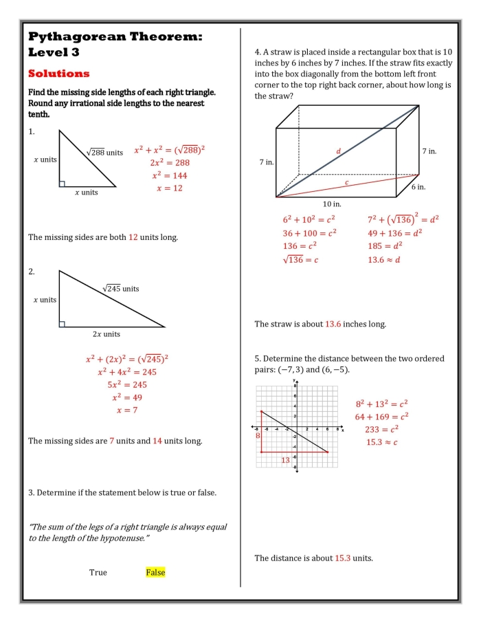 Pythagorean Theorem practice worksheet featuring various triangle types