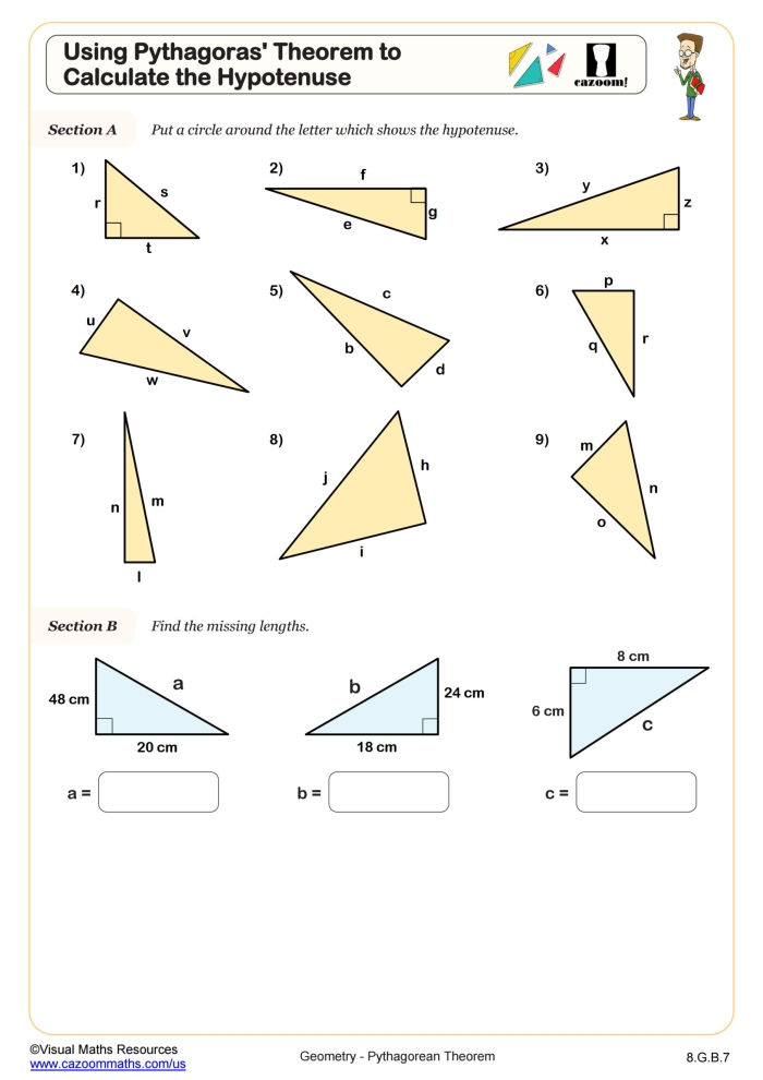 Pythagorean Theorem practice worksheet featuring various triangles and formulas