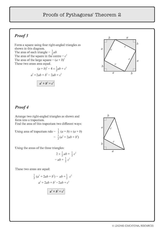 Proving the Pythagorean Theorem Practice Problem Set for Middle School Math Eighth grade student working through Pythagorean theorem proof steps on a geometry worksheet with fractions