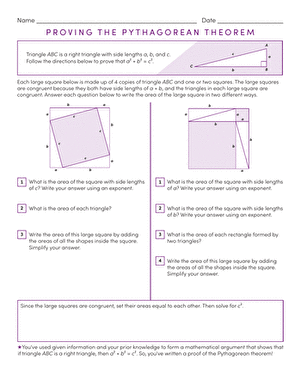 Proving the Pythagorean Theorem Practice Problems for Middle School Math Eighth grade student working through Pythagorean theorem proof steps on a geometry worksheet with fractions
