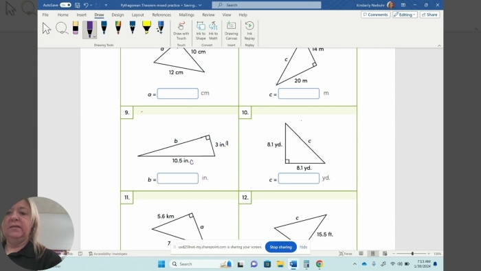 Worksheet featuring the Pythagorean theorem for calculating sides of right triangles in eighth-grade geometry. Eighth-grade geometry practice worksheet focused on the Pythagorean theorem.