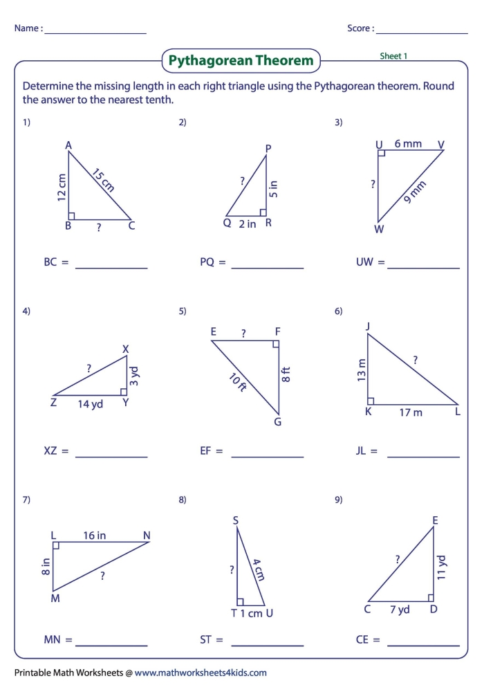 Pythagorean Theorem practice worksheet featuring various triangles for geometry review