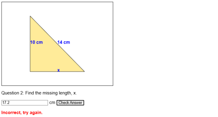 Worksheet featuring the Pythagorean theorem for eighth graders to solve right triangle problems