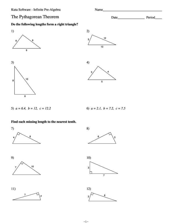 Pythagorean Theorem practice worksheet featuring various triangle types for geometry review