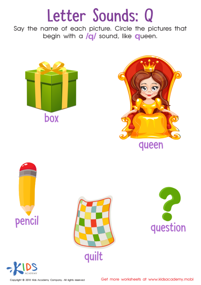 Fun Q Is For... worksheet designed for early readers in Pre-K Worksheet featuring the letter Q for preschoolers to color and learn sounds