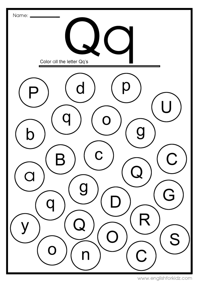 Engaging activity for practicing the letter Q and its sounds Colorful Q Is For... worksheet designed for preschool learners