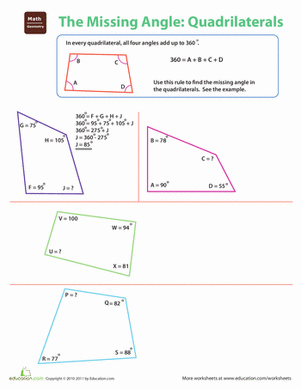 Worksheet featuring quadrilaterals with missing angles for eighth-grade geometry students