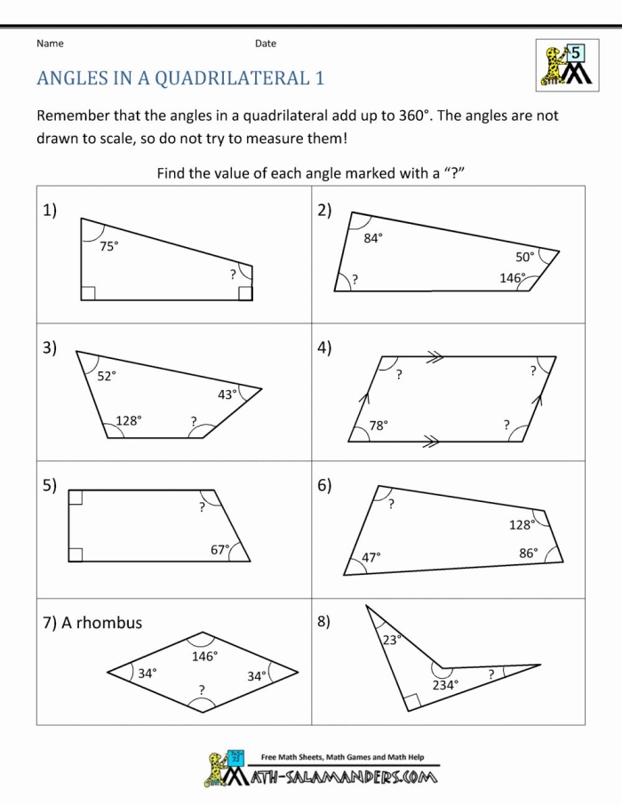 Eighth grade math worksheet featuring geometry problems about finding missing angles in various quadrilaterals