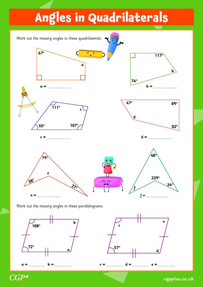 Eighth grade geometry worksheet featuring practice problems to solve for missing angles in quadrilaterals