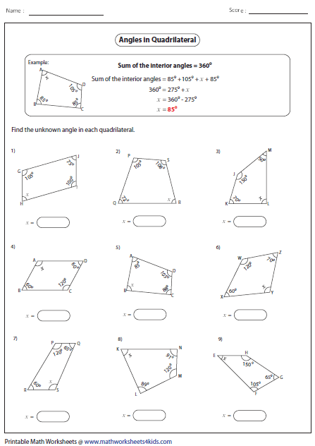 Eighth grade geometry worksheet featuring quadrilaterals with missing angle measurements to solve