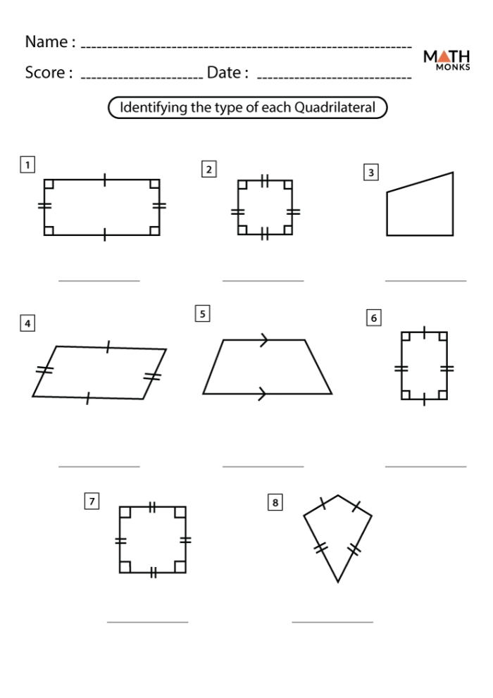 Third grade geometry worksheet showing different quadrilateral shapes for students to identify and name