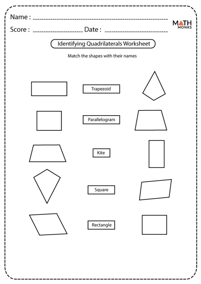 Third grade math worksheet featuring illustrations and exercises for identifying five distinct types of quadrilaterals