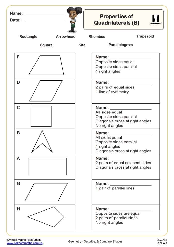 Worksheet featuring different types of quadrilaterals for third graders to identify and practice
