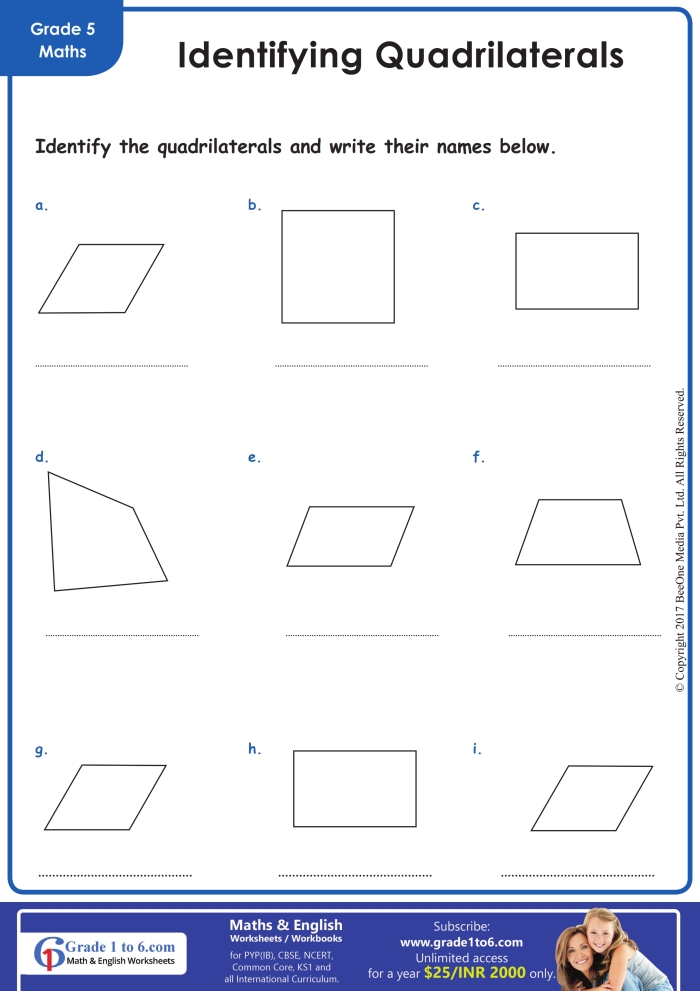 Third grade geometry worksheet showing different quadrilateral shapes with labels for students to identify and name