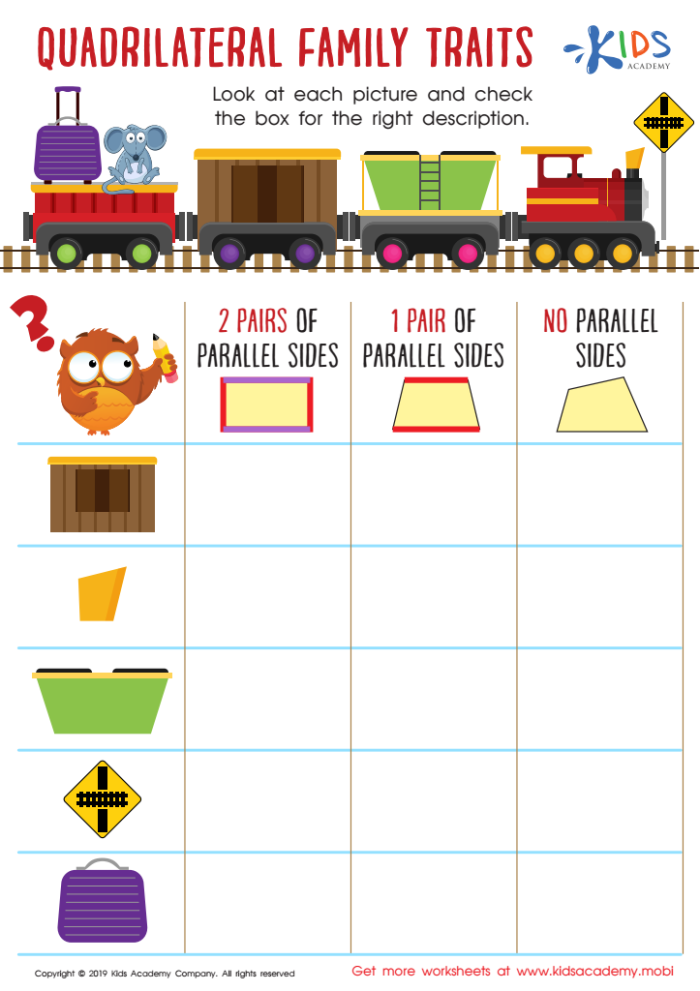 Worksheet featuring various types of quadrilaterals for third graders to practice identification. Types of Quadrilaterals worksheet for addition exercises in third grade.