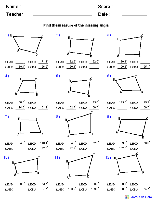 Third grade math worksheet for identifying and naming various quadrilaterals