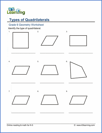 Third grade geometry worksheet featuring five types of quadrilaterals with practice problems