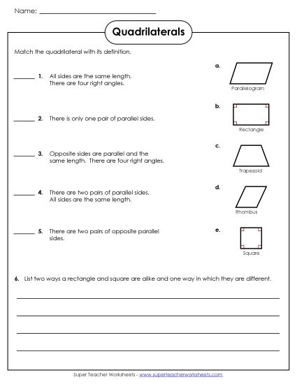 Worksheet featuring various types of quadrilaterals for third graders to learn and practice. Types of Quadrilaterals worksheet for addition skills in third grade.