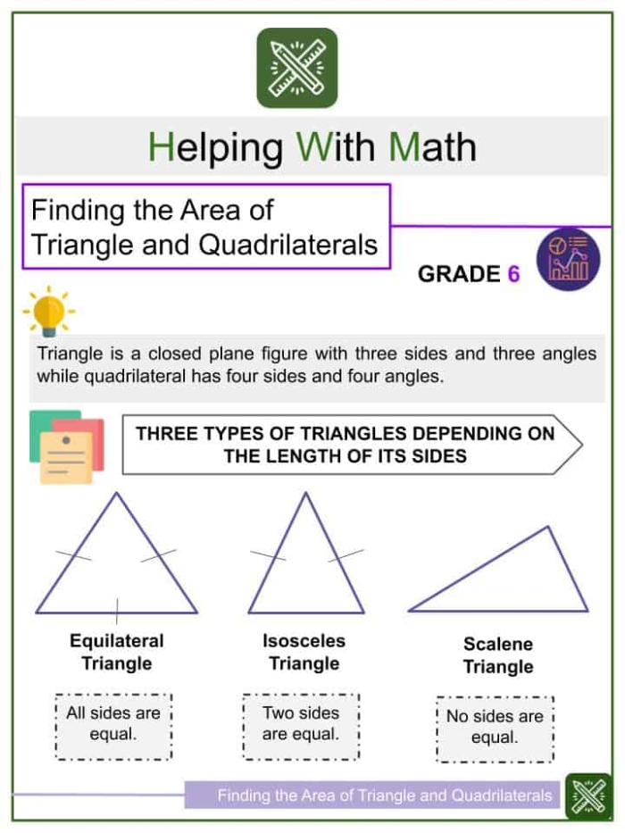 A colorful third grade worksheet illustrating five different types of quadrilaterals with practice problems for students