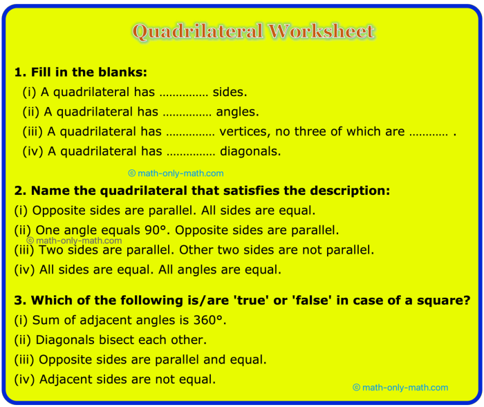Worksheet featuring types of quadrilaterals for third-grade students