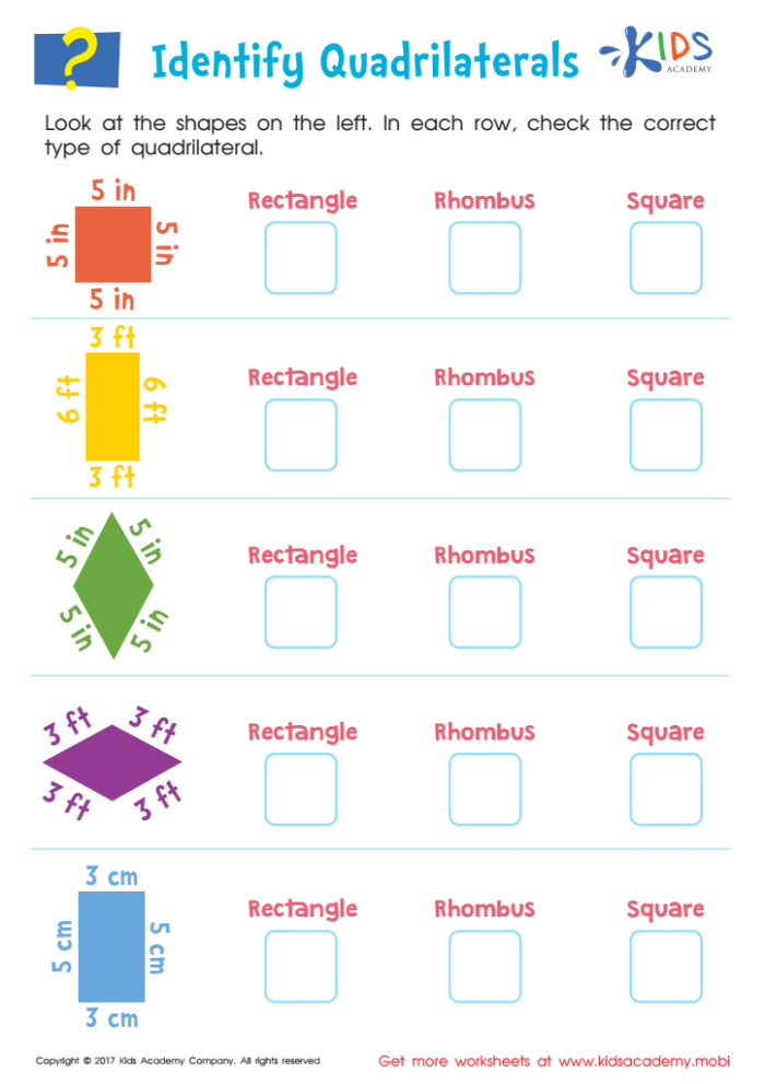 Worksheet illustrating different types of quadrilaterals for third graders