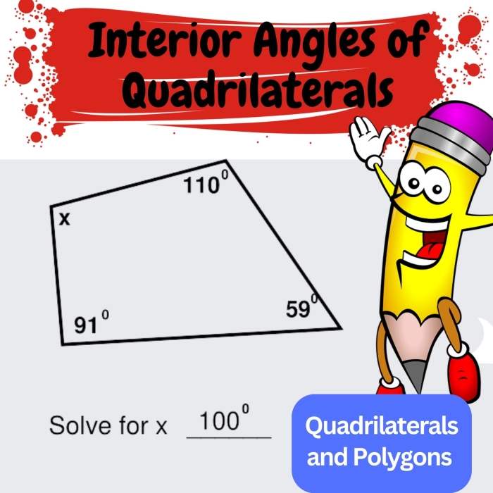 Worksheet featuring quadrilaterals for calculating missing angles