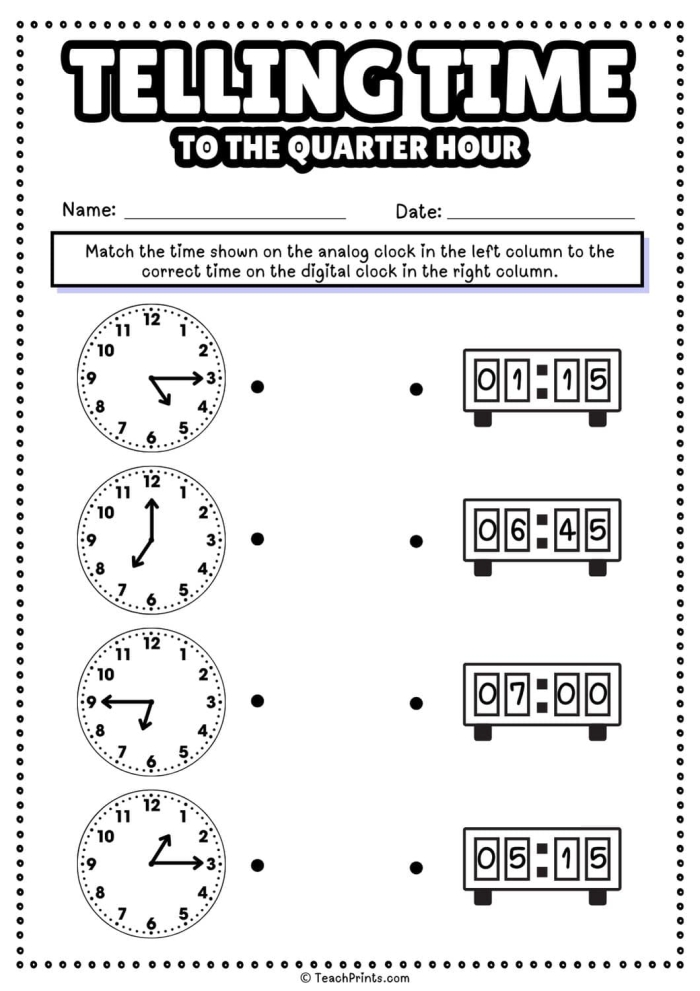 Second grade student matching analog clocks to quarter hour times on a math worksheet