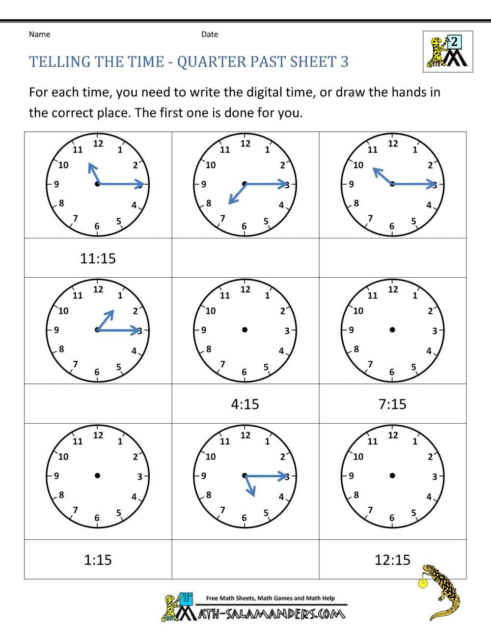 Worksheet illustrating how to read analog clocks for quarter hour time in geography for second graders