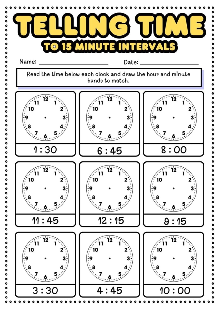 Worksheet showcasing a quarter hour time-telling activity for second graders