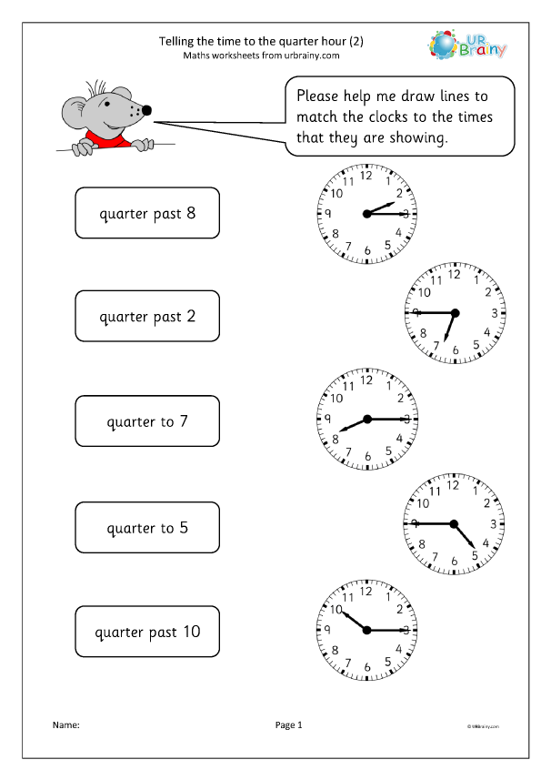 Worksheet featuring a quarter hour time-telling exercise for second graders