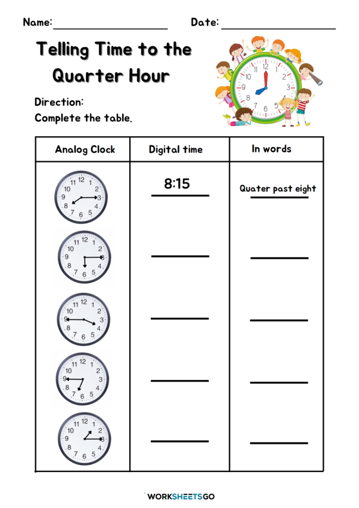 Worksheet featuring clocks for telling time to the quarter hour for second graders