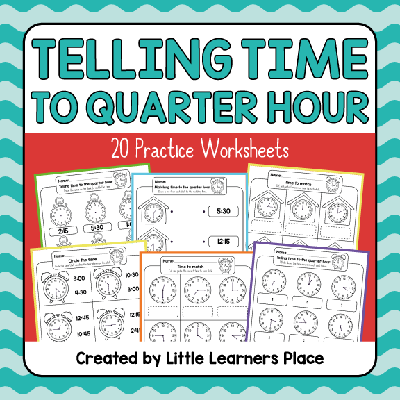Quarter Hour worksheet for second graders to practice telling time