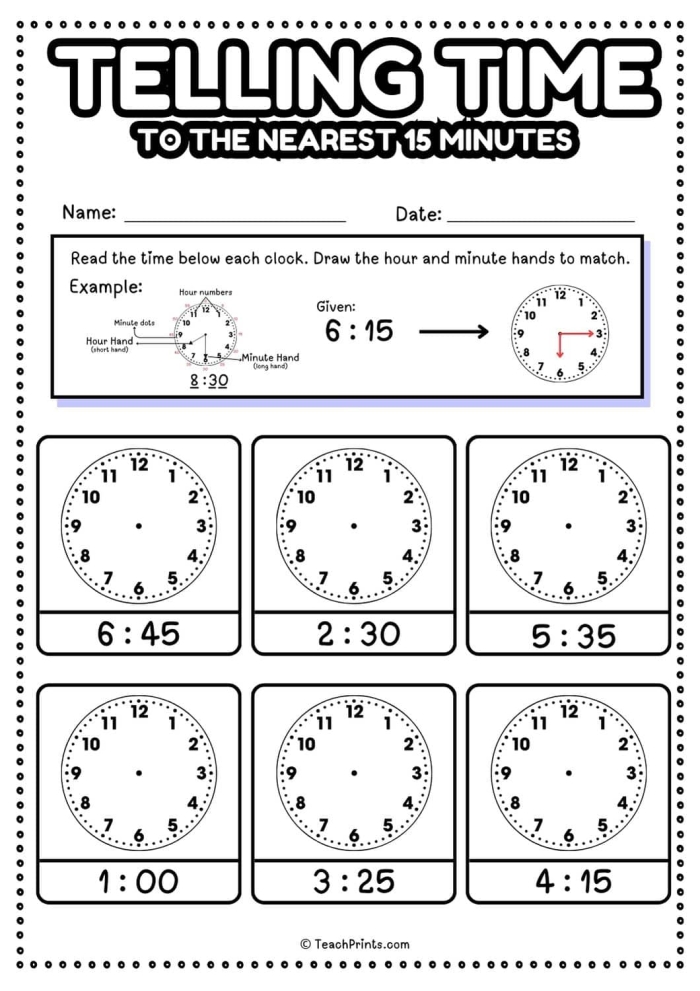 Worksheet for teaching second graders how to tell time to the quarter hour