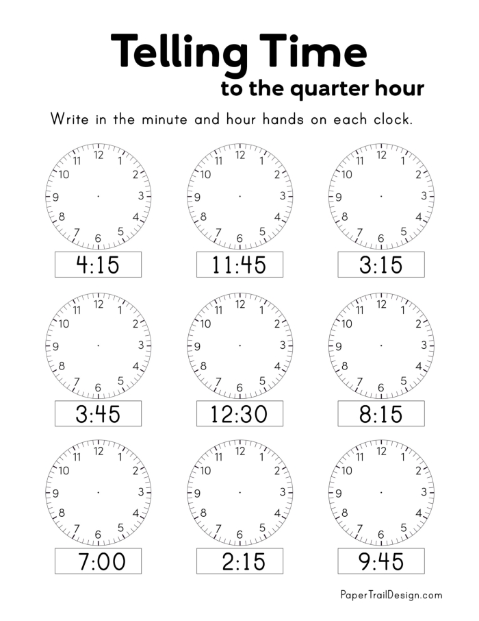 Second grade math worksheet featuring clocks for practicing quarter hour time telling