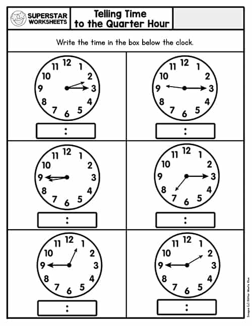 Worksheet for teaching second graders to tell time to the quarter hour