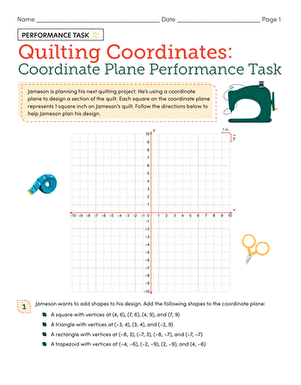 Sixth grade math worksheet featuring a quilting design coordinate plane performance task for Jameson