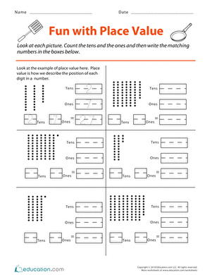 First grade math worksheet where students practice breaking down two-digit numbers into tens and ones columns for Quincy's Place Value exercise 13