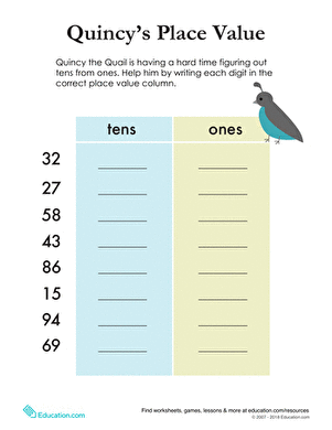 First grade student completing a math exercise identifying tens and ones columns for Quincy's Place Value worksheet.
