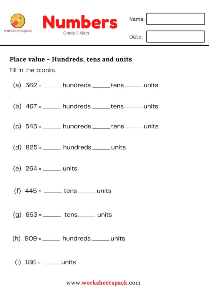 First grade worksheet showing place value exercises for two-digit numbers with columns for tens and ones