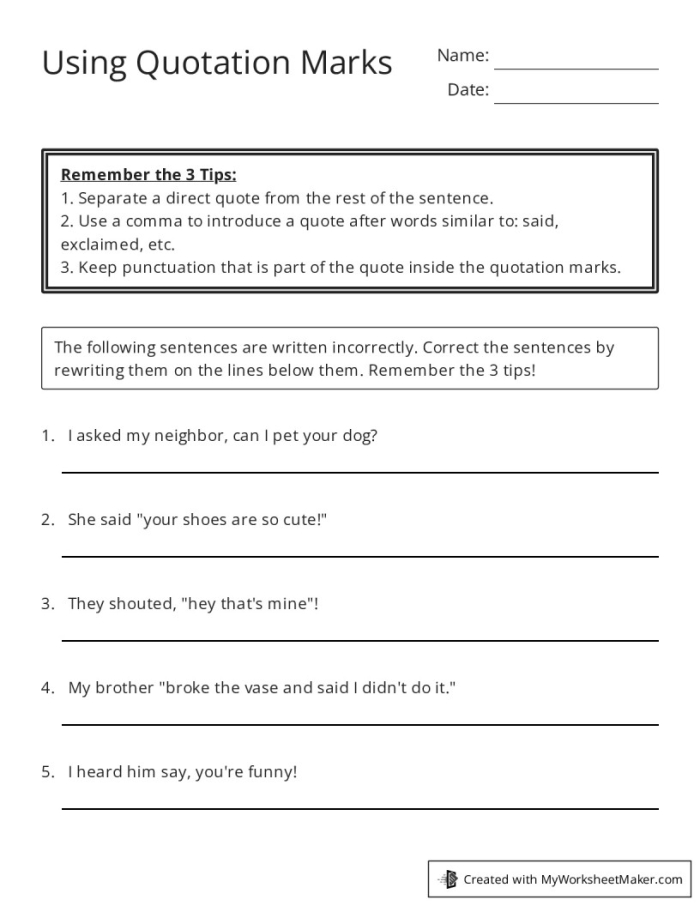 Quotation Mark Rules Worksheet for Third Grade Grammar Lesson 10 Third grade students learning how to correctly place punctuation around dialogue in a quotation mark rules practice page
