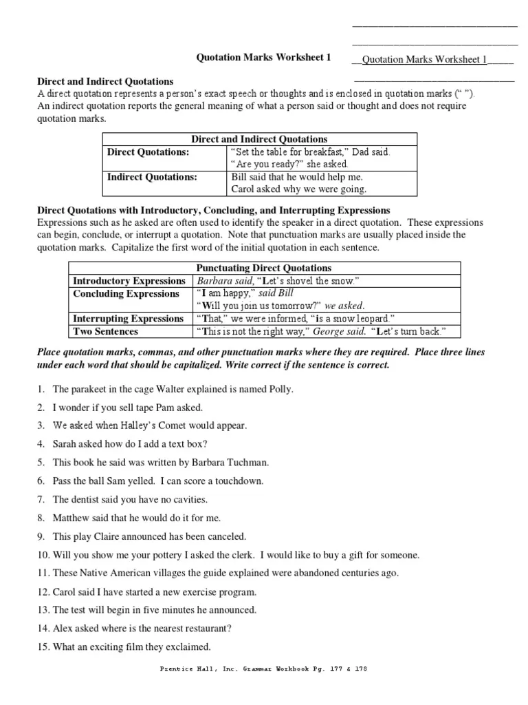 Quotation Mark Rules Worksheet for Grade 3 Grammar Practice Third grade student reviewing a guide on how to correctly place quotation marks in dialogue