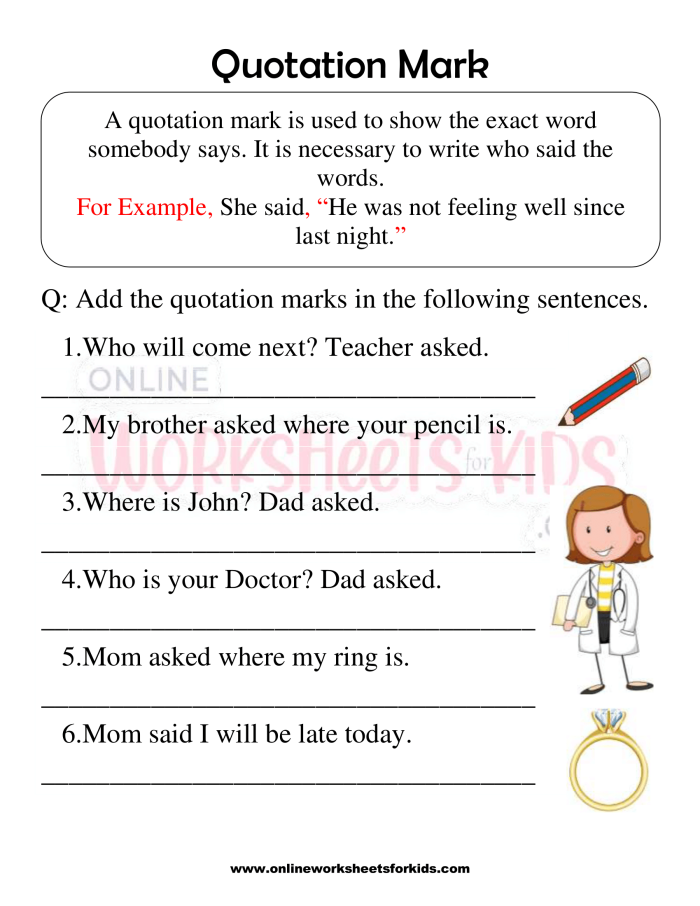 Quotation Mark Guidelines Practice Activity for Elementary Students Third grade student reviewing quotation mark usage rules and punctuation examples on a worksheet