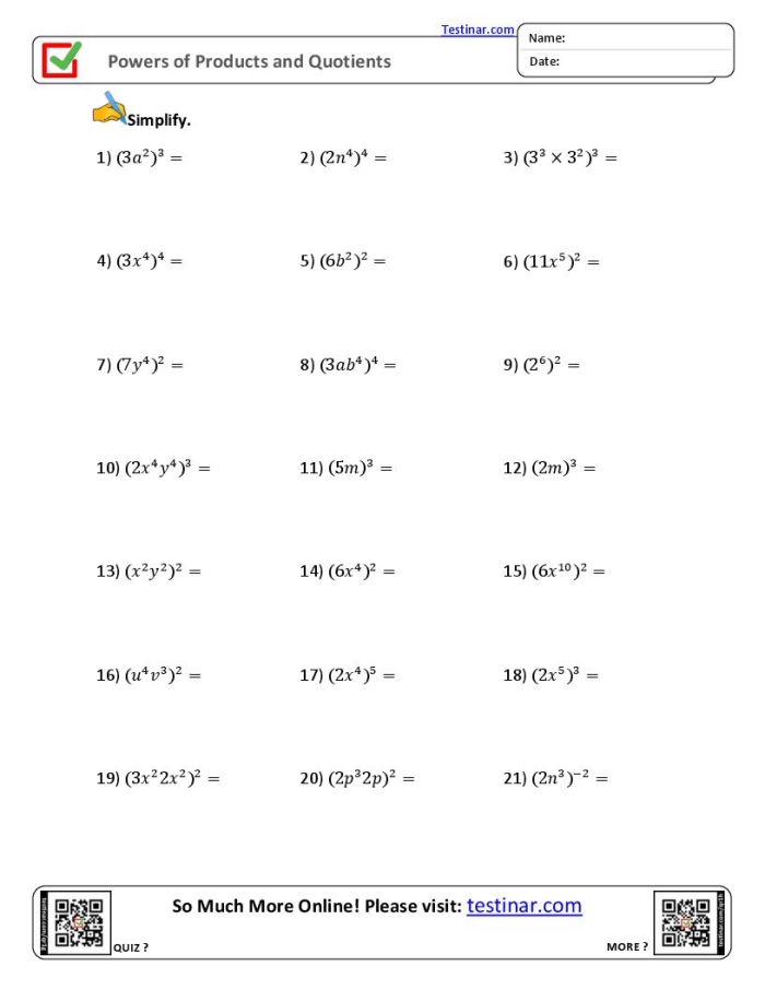 Eighth grade math worksheet focusing on simplifying division expressions using the quotient of powers rule